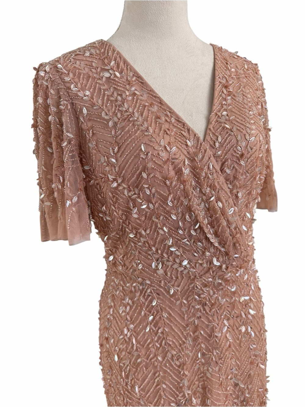 Mac Duggal Embellished Flutter Sleeve Blush Pink Beaded Maxi Gown - Picture 8 of 9
